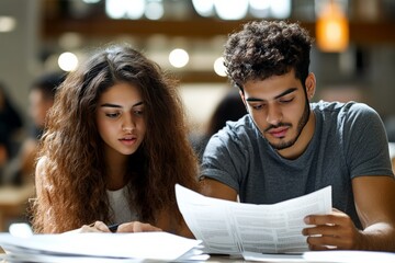 A young male and female student study together, deeply engaged in reading and learning, symbolizing collaboration and educational pursuit in a lively environment.