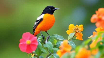 Fototapeta premium Vibrant Baltimore oriole perched among colorful flowers, its striking orange plumage contrasting beautifully with pink and yellow blooms in a lush garden setting.