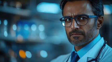Fototapeta premium A focused doctor in a lab setting, conveying determination and professionalism.
