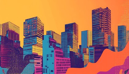Obraz premium A vibrant city skyline illustration with abstract shapes and colorful gradients.