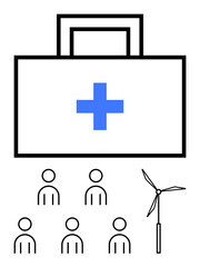 Fototapeta premium Medical kit with blue cross five people figures, and wind turbine. Ideal for depicting health, community, sustainability, renewable energy, healthcare, teamwork, and wellness. Line metaphor