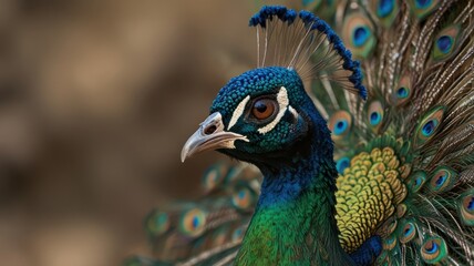 Obraz premium Close-up of a vibrant peacock's head and neck, showcasing its iridescent plumage.