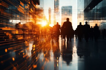 Fototapeta premium Silhouettes of multiple business people are seen walking through a futuristic cityscape at sunrise, illustrating movement and progress in a digital age.