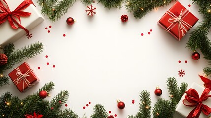 Festive Christmas Decorations Frame With Gifts And Greenery