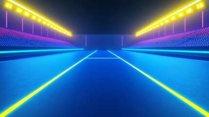 Futuristic neon-lit runway with vibrant blue floor and yellow light strips, leading to a distant vanishing point. Purple side walls glow with dotted lights, creating a sci-fi atmosphere.