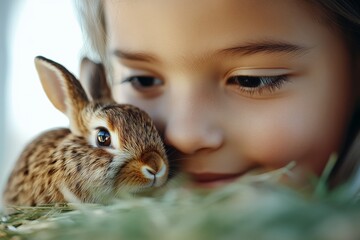 A young child lovingly cuddles a small brown rabbit, both surrounded by a soft grassy field, highlighting the innocence and joy of childhood and nature.