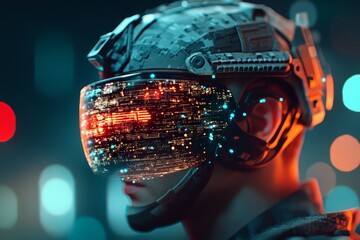 A futuristic scene of a person wearing a digital visor helmet with vivid neon lights, evoking a sense of high-tech innovation, digital exploration, and virtual reality.