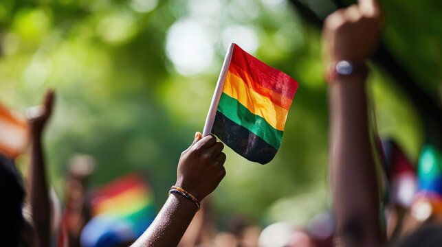 A close-up of hands holding up the Juneteenth flag, with people celebrating in the background.