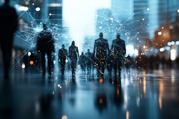 A mysterious crowd of silhouettes walks through a cityscape, connected digitally with overlaid network lines, illustrating the theme of urban communication and connectivity.