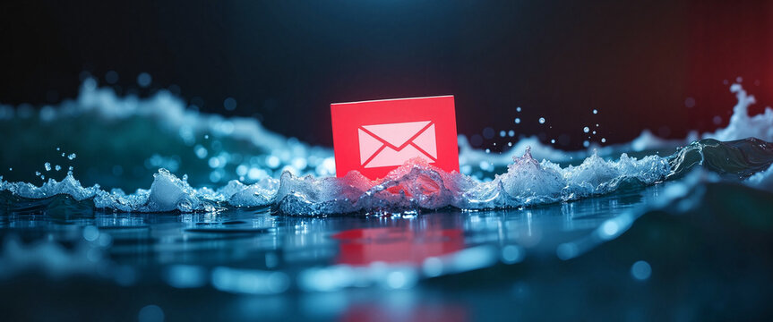 Glowing red envelope icon in splashing water, digital communication - Powered by Adobe