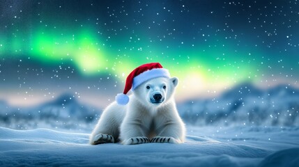 Fototapeta premium Polar bear cub wearing a Santa hat in a snowy landscape under the Northern Lights.