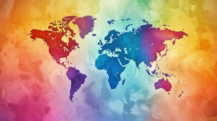 Naklejka premium A colorful, detailed world map showing continents and countries, with major cities and landmarks highlighted