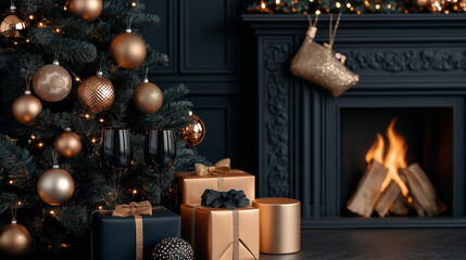 Festive Elegance: A black and gold Christmas tree with twinkling lights stands beside a crackling fireplace, adorned with presents wrapped in luxurious paper.