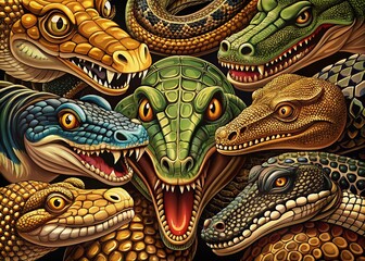 Fototapeta premium Intricate Snake and Reptile Silhouettes for Tattoo Designs and Cricut Projects: Python, Anaconda, Crocodile Skin Cut Files and Clipart for Creative Crafting Enthusiasts