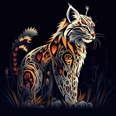 Fototapeta premium A stylized lynx adorned with intricate patterns and vibrant colors against a dark background.