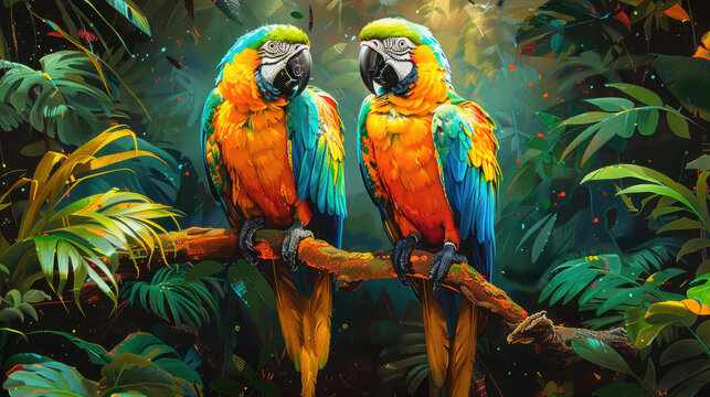 Two brightly arrots against the backdrop of a tropical fores