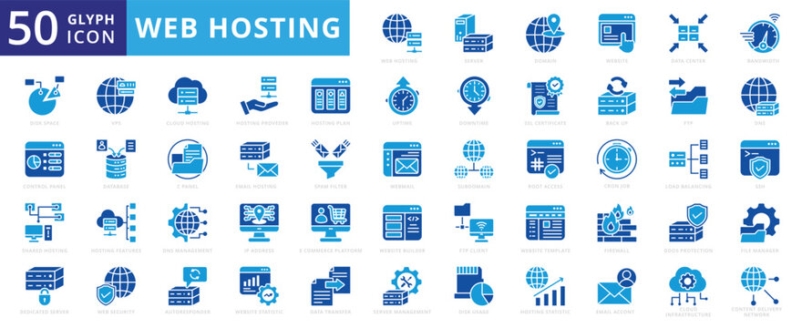 Web hosting icon set with website, dns, server, cloud, template, email, management, database, firewall, statistics, infrastructure, data center, bandwidth, ftp, web hosting, and data transfer