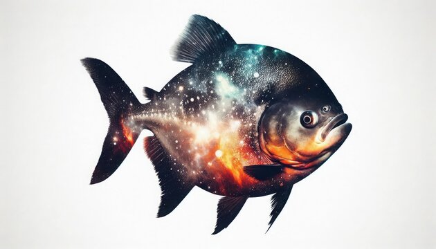 recommend clip art: piranha fish silhouette in double exposure with cosmic space, sci-fi, grunge, animal photography,
