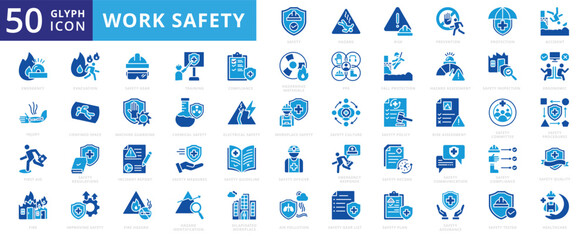 Work safety icon set with fire, accident, prevention, inspection, fall, officer, emergency, record, protection, regulations, report, risk, communication, training, gear, health care, and chemical