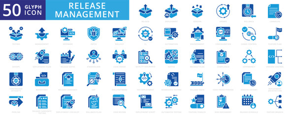 Release management icon set with architecture, flag, environment, branch, automation, pipeline, history, script, quality assurance, forward, assessment, version, update, stakeholder, and patch