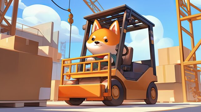 Adorable Shiba Inu Operates A Construction Forklift