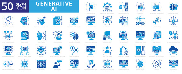 Generative AI icon set with code, investment, pattern, technology, art, cloud, marketing, global, artificial intelligence, learning, research, writing, machine, health care, hologram, and system