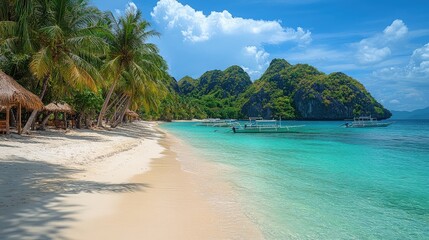 Obraz premium A serene beach scene with palm trees, turquoise water, and distant rocky islands.