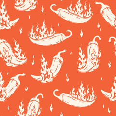 Obraz premium Chili Pepper with Fire Flames Seamless Red Pattern. Hot Chilli Taste. Spicy Food. Hand drawn. Vector illustration.