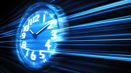 Glowing blue clock face with dynamic light trails in dark background