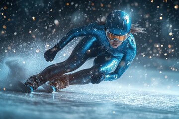 Female speed skater in motion performing an Olympic race on the ice