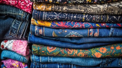 Culturally inspired jeans with ethnic patterns and designs