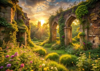 Mystical overgrown ruins with arched stone structures, bathed in warm sunlight and lush greenery wallpaper background.