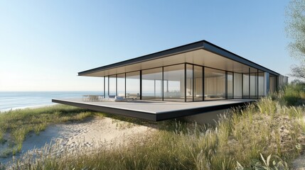 Obraz premium Beach house with sleek glass walls, minimalist terrace, and view of the ocean