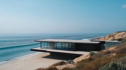 Obraz premium Beachfront house with minimalist lines, vast glass walls, and direct ocean access