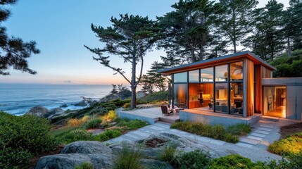 Obraz premium Coastal home with sleek architecture, wide windows, and views of the beach and sea