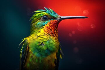 Fototapeta premium Detailed Hummingbird with Crimson and Azure Accents Close-Up