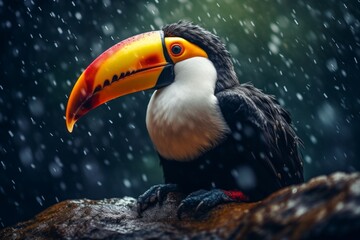 Fototapeta premium Emotive Toucan Portrait with Dramatic Raindrop Effects