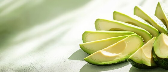Obraz premium Fresh avocado slices arranged elegantly on a light surface, showcasing their creamy texture and vibrant green color.
