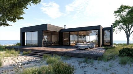 Contemporary house with large windows, coastal views, and stylish wooden deck near the sea