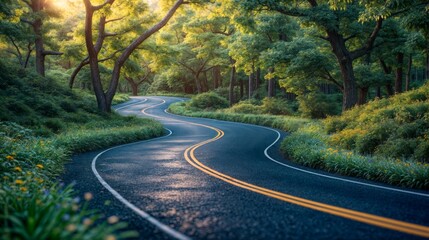 Fototapeta premium A serene, curving road surrounded by lush green forest, illuminated by soft golden light during the early morning or sunset. .