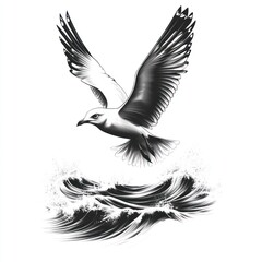Fototapeta premium A stylized seagull soaring above turbulent ocean waves in black and white.