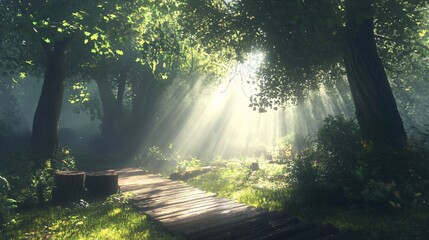 Obraz premium Sunbeams illuminate a mystical forest path.