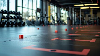 Fototapeta premium A gym with social distancing markers on the floor, ensuring safety for gym-goers times.