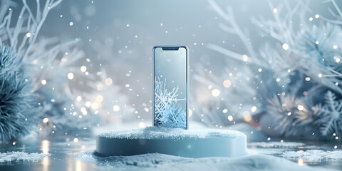 A sleek smartphone stands on a snowy pedestal, surrounded by a winter wonderland. The phone's screen is white. A beautiful snowflakes reflecting the frosty atmosphere. 
