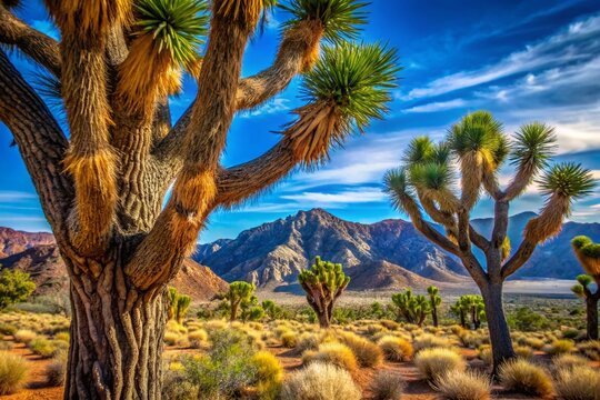 Macro Photography of Joshua Trees Against Distant Mountains in Kingman, Arizona: A Stunning Desert Landscape Capturing Nature's Beauty and Unique Flora in Vibrant Detail
