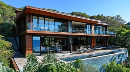Fototapeta premium Luxurious seaside residence with panoramic windows, coastal views, and elegant deck