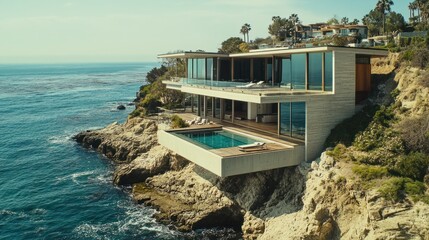 Fototapeta premium Minimalist coastal house with spacious balconies, expansive sea views, and glass walls