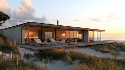 Obraz premium Modern beach house with rooftop patio, glass walls, and panoramic coastal views