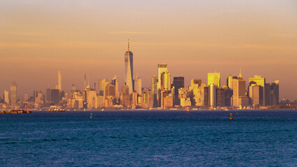 New York skyline of World Trade Center. One World Trade Center. New York City panorama with Manhattan Skyline over Hudson River. WTC.