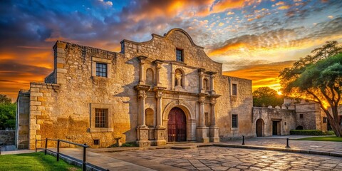 Fototapeta premium Majestic Alamos Stone Facade Illuminated by Golden Sunlight at Dawn, Capturing the Beauty of Nature's Light and Architectural Splendor in a Stunning Landscape Photography Scene
